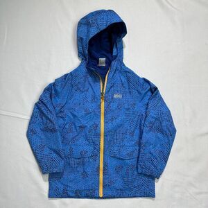 REI Jacket Boys XS Blue Hooded Outdoor Lightweight Patterned